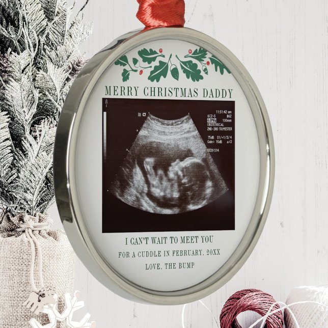 Ornement En Métal Joyeux Noël Papa Pregnancy Ultrasound Baby (Botanical Pregnancy Announcement Sonogram Metal Ornament)