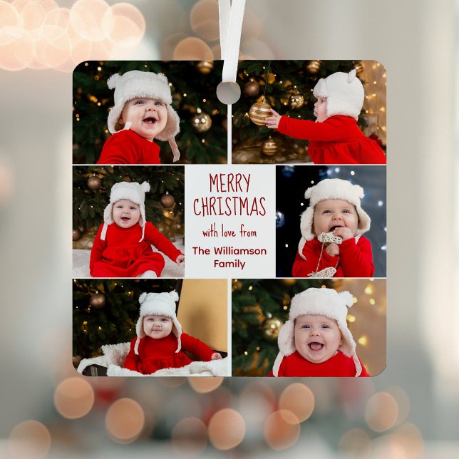 Ornement En Métal Joyeux Noël Photo Collage joli Rouge Script (Créateur téléchargé)