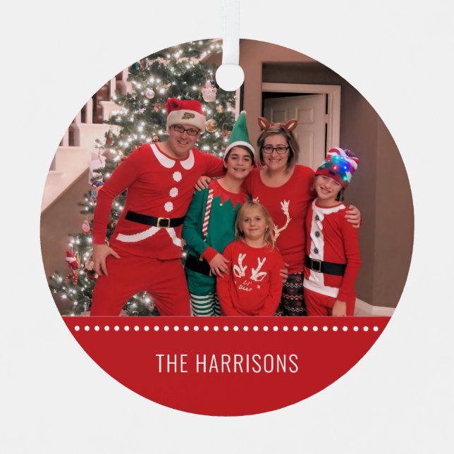 Ornement En Métal Joyeux Noël Photo Personnalisée Rouge Rond (Recto)
