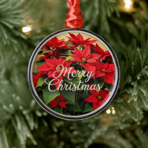 Ornement En Métal Joyeux Noël Poinsettias Rouges