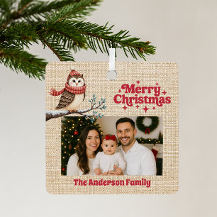 Ornement En Métal Joyeux Noël rouge photo burlap beige hibou
