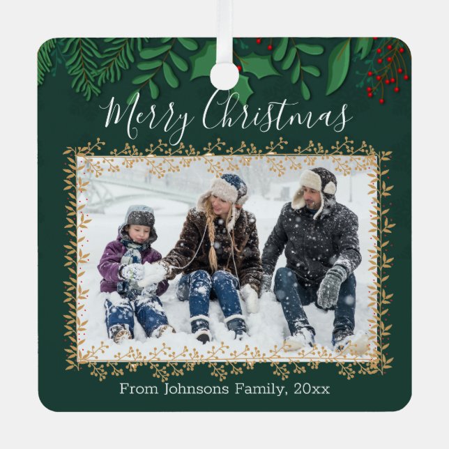 Ornement En Métal joyeux Noël saint verdure vacances photo vert (Recto)
