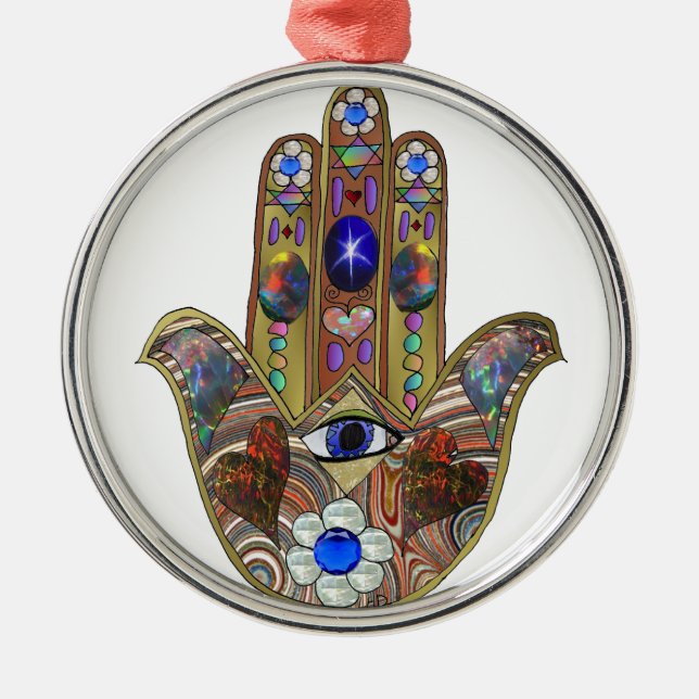 Ornement En Métal Judaica Hamsa Coeurs Fleurs Opal Art Imprimer (Devant)