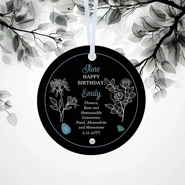 Ornement En Métal Juin Rose et allaitement de miel (June Rose and Honeysuckle Floral | Gemstone Birthday Keepsake Metal Ornament)