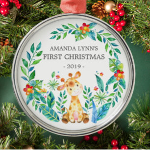 Ornement En Métal Jungle Giraffe Baby's First Christmas Ornament