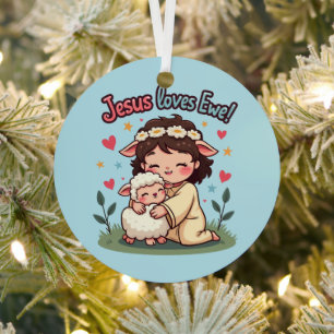 Ornement En Métal Kawaii Christian "Jesus aime Ewe" Pastel Design