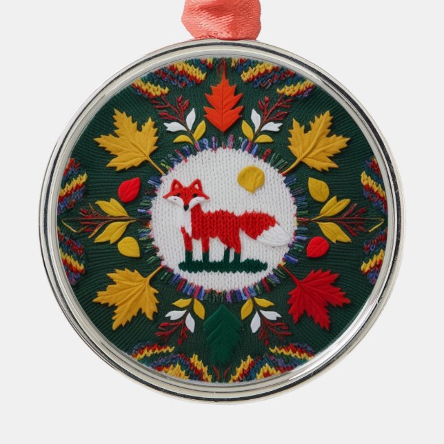 Ornement En Métal Knitted Fox Maple Leaf Woodland Round Ornament (Devant)