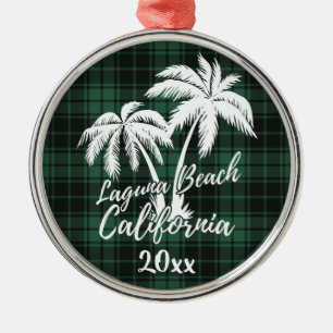 Ornement En Métal Laguna Beach California Palm Tree Green Plaid