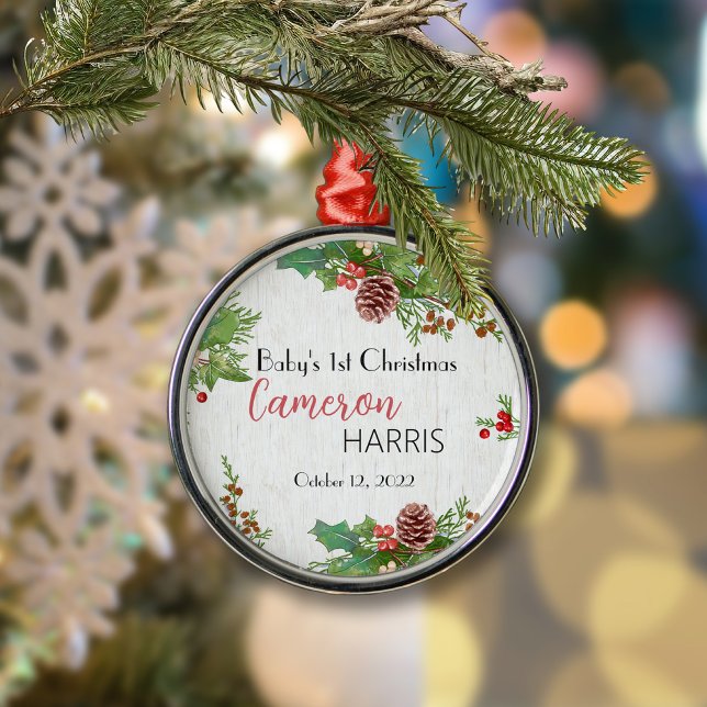 Ornement En Métal Le 1er Noël de Rustic Baby Holly & Pine (Créateur téléchargé)