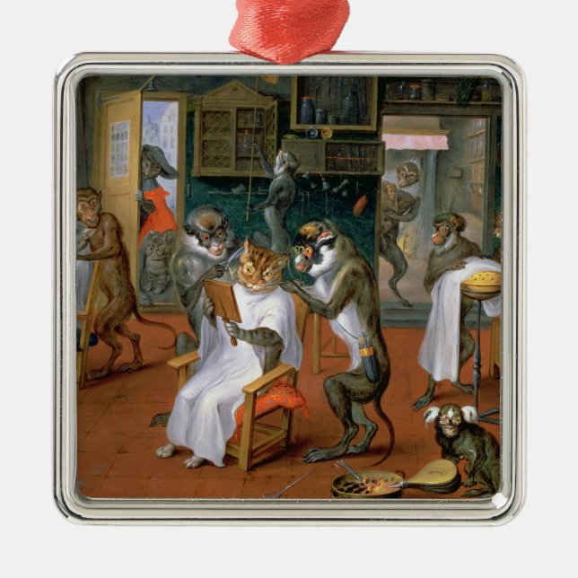 Ornement En Métal Le magasin de coiffeur avec des singes et des (Devant)