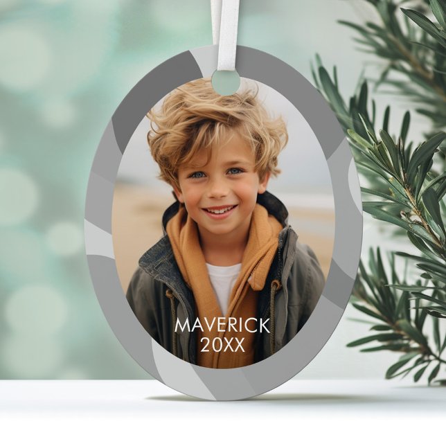 Ornement En Métal Ligne biologique Art Abstrait - 1 couleur gris pho (Personalized Photo Ornament with a modern abstract design border)