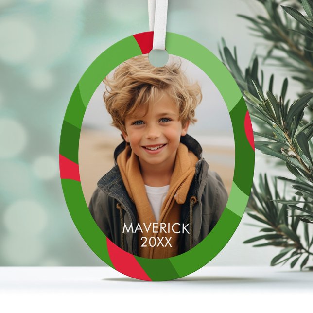 Ornement En Métal Ligne biologique Art Abstrait - 1 Photo Vert Rouge (Personalized Photo Ornament with a modern abstract design border)