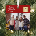 Ornement En Métal logo de l'entreprise Noël rouge moderne<br><div class="desc">Couleur arrière - plan rouge classique,  texte blanc. Texte : Joyeux Noël. Personnalisez et ajoutez-vous le logo de l'entreprise,  la photo et un an.</div>