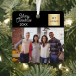 Ornement En Métal Logo de l'entreprise photo noir Noël<br><div class="desc">Couleur arrière - plan noir classique,  texte blanc. Texte : Joyeux Noël. Personnalisez et ajoutez-vous le logo de l'entreprise,  la photo et un an.</div>