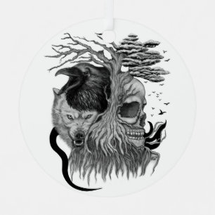 Ornement En Métal Loup et corbeau avec crâne