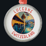Ornement En Métal Lucerne Suisse Retro Cercle détendu<br><div class="desc">Lucerne conception de déplacement vectoriel rétro. Lucerne,  ville compacte de Suisse connue pour son architecture médiévale préservée,  se trouve au milieu de montagnes enneigées sur le lac de Lucerne.</div>