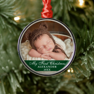 Ornement En Métal Ma première photo de bébé de Noël Vert et Roug