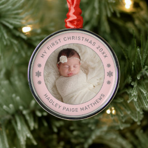 Ornement En Métal Ma première photo de bébé personnalisée en rose de