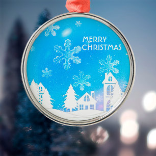Ornement En Métal Maison Blanche Bleue Neige Joyeux Noël