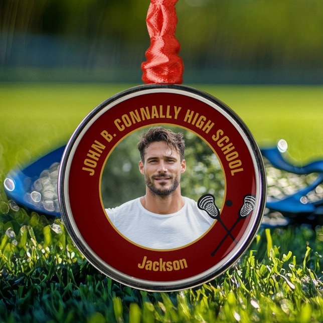 Ornement En Métal Maroon Lacrosse Player Photo High School Christmas (Créateur téléchargé)