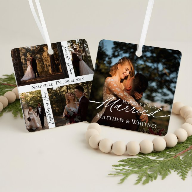 Ornement En Métal Married Couple 1st Christmas Elegant Photo Collage (Married Couple 1st Christmas Elegant Photo Collage Metal Ornament)