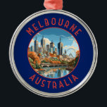 Ornement En Métal Melbourne Australie Retro Cercle désorganisé<br><div class="desc">Conception rétro de voyage vectoriel Melbourne. Melbourne est la capitale côtière de l'État de Victoria,  dans le sud-est de l'Australie. Au centre de la ville se trouve le développement Carré moderne de la Fédération,  avec des places,  des bars et des restaurants au bord de la rivière Yarra.</div>