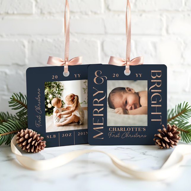 Ornement En Métal Merry & Bright Navy Baby First Christmas Photos (Merry & Bright Navy Baby First Christmas Photos Metal Ornament)