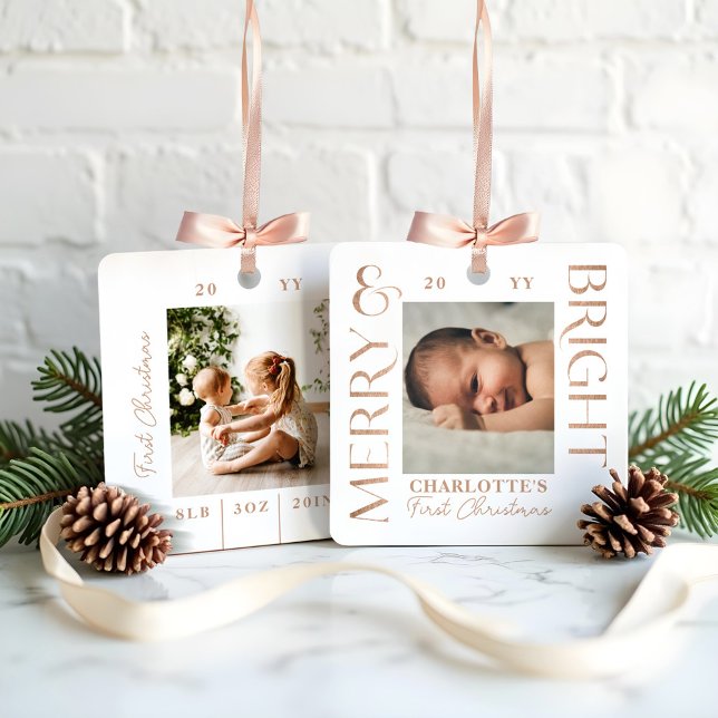 Ornement En Métal Merry & Bright White Baby First Christmas Photos (Merry & Bright White Baby First Christmas Photos Metal Ornament)