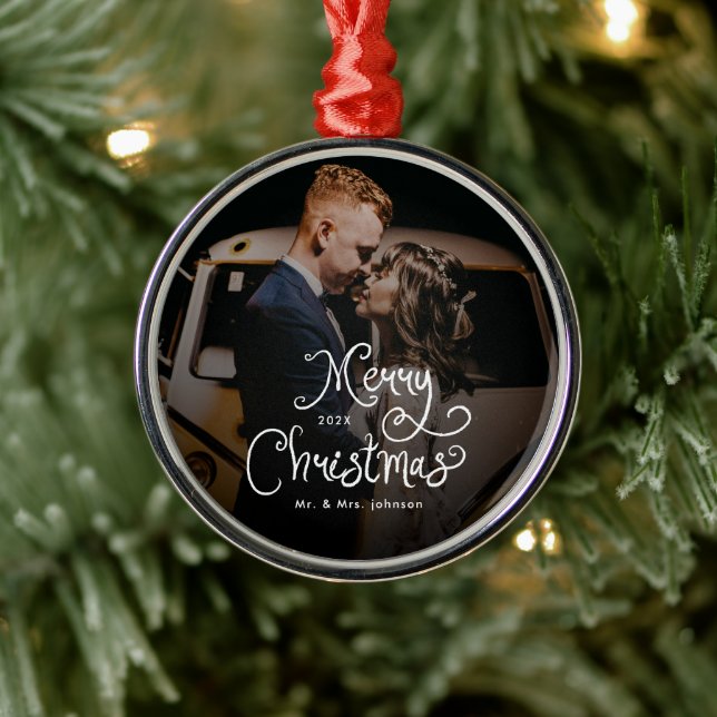 Ornement En Métal Merry Christmas Whimsical Script  Custom Photo  (Arbre)