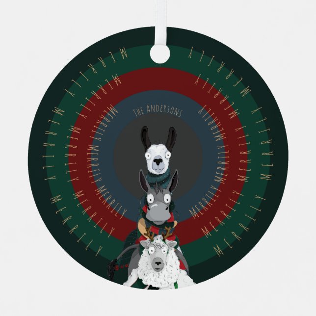 Ornement En Métal Mignonne âne d'hiver, lama et mouton (Recto)