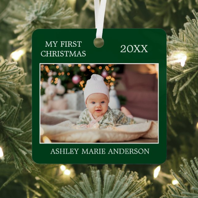 Ornement En Métal Modern My First Christmas Baby Photo Green (Insitu)