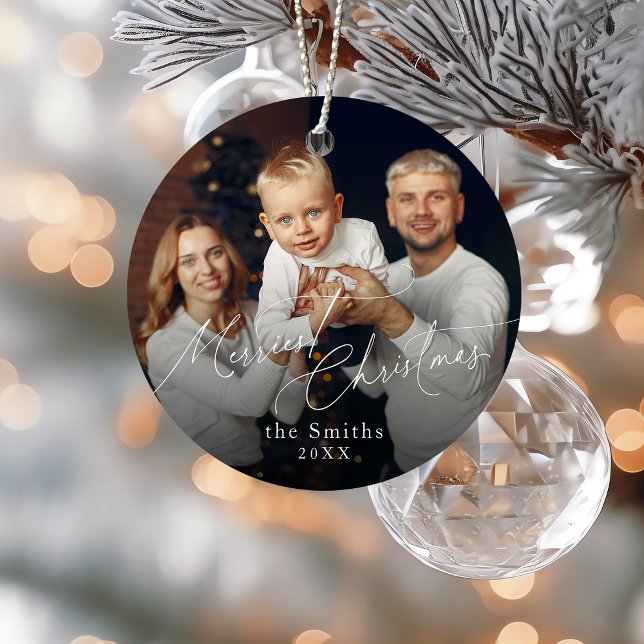 Ornement En Métal Modern script Merriest Christmas Holiday (Modern script Merriest Christmas Holiday Metal Ornament)