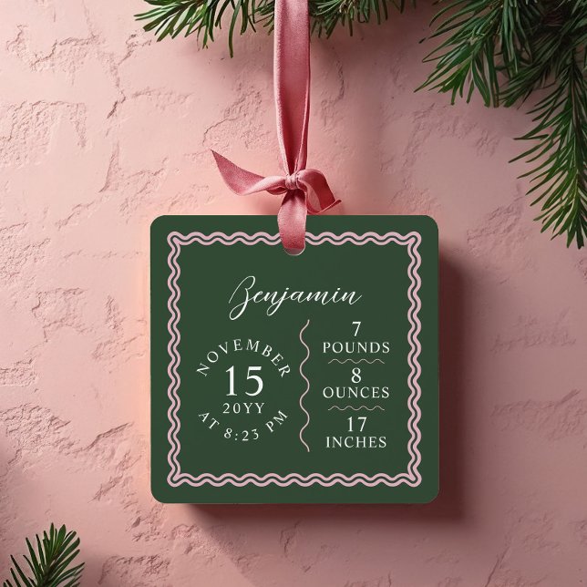 Ornement En Métal Modern Wavy Baby Name Script Birth Stats Photo (Modern Wavy Baby Name Script Birth Stats Photo Metal Ornament)