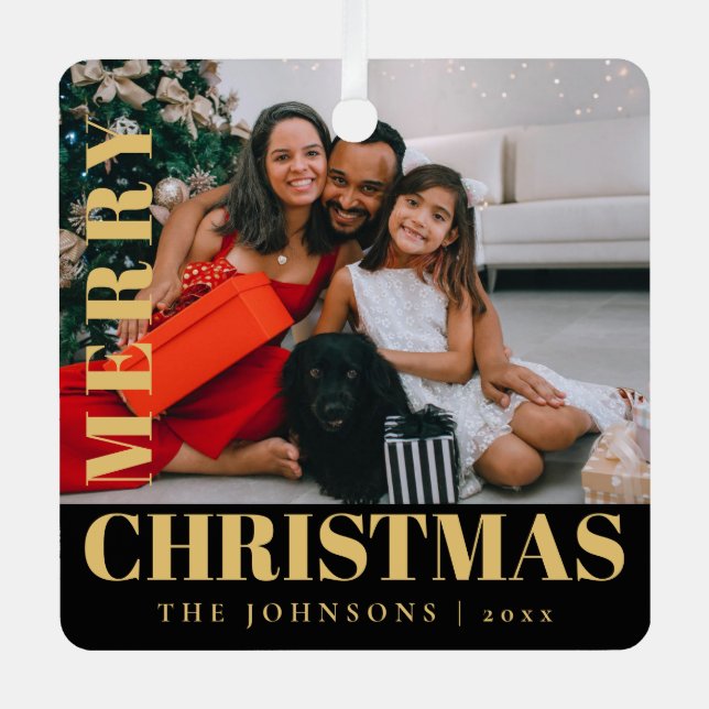 Ornement En Métal Moderne élégant Joyeux Noël Famille Photo Métal (Recto)