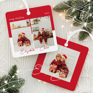 Ornement En Métal Moderne tendance Rouge & Blanc Nom Monogramme 3 Ph