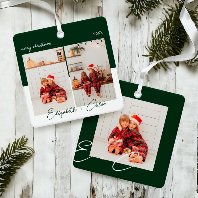 Ornement En Métal Moderne tendance vert & blanc Nom Monogramme 3 Pho (Modern Trendy Green & White Name Monogram 3 Photo Metal Ornament)