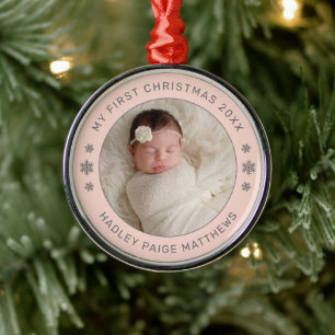 Ornement En Métal Mon Premier Noël Blush Photo de Bébé Personnalisé