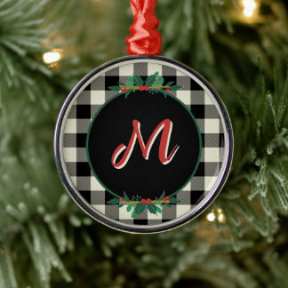 Ornement En Métal Monogramme à carreaux buffle noir et blanc de Noël