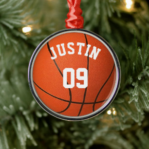 Ornement En Métal Monogramme de basketball personnalisé avec nom et 
