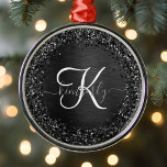 Ornement En Métal Monogramme d'étincelle à Parties scintillant noire<br><div class="desc">Personnalisez facilement ce design tendance et élégant,  avec une jolie parties scintillant brillante noire sur un arrière - plan métallique brossé noir.</div>