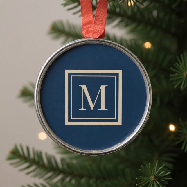 Ornement En Métal Monogramme encadré bleu personnalisé et vanille (Créateur téléchargé)