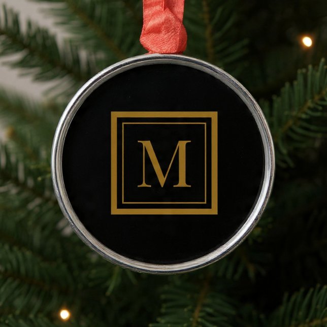 Ornement En Métal Monogramme encadré noir et or personnalisé (Créateur téléchargé)