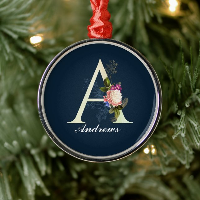 Ornement En Métal Monogramme floral élégant Un bleu foncé (Arbre)