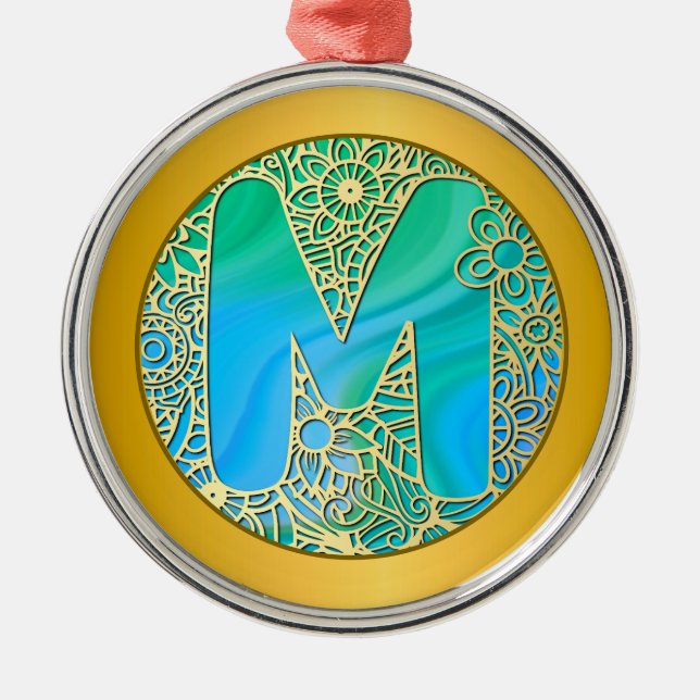Ornement En Métal Monogramme initial M Noël - Or , sarcelle et bleu (Devant)