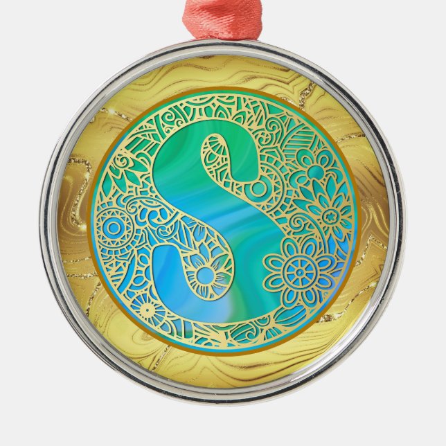 Ornement En Métal Monogramme Initial S Noël - Or, Turquoise & Bleu (Devant)