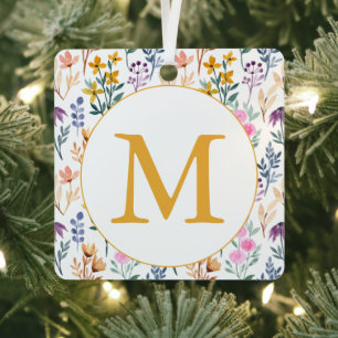 Ornement En Métal Monogramme initiale de fleur sauvage or floral boh