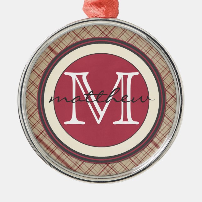 Ornement En Métal Monogramme rouge personnalisé de plaid (Devant)
