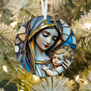 Ornement En Métal Mosaïque en verre tendu   Marie et Jésus Noël