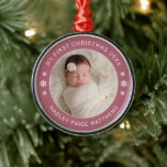 Ornement En Métal My First Christmas Cassis Personalized Baby Photo<br><div class="desc">Personalize this modern and elegant 'My First Christmas' ornament with your baby girl's photo, her full name, and the year of her birth. Elegant cassis (a pretty combination of dusty rose and mauve purple) and white round-shaped text and snowflake accents beautifully frames her photo. Photo tip: crop photo to a...</div>