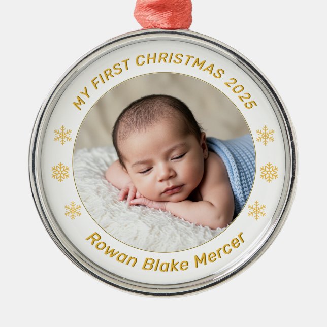 Ornement En Métal My First Christmas Gold Personalized Baby Photo  (Devant)